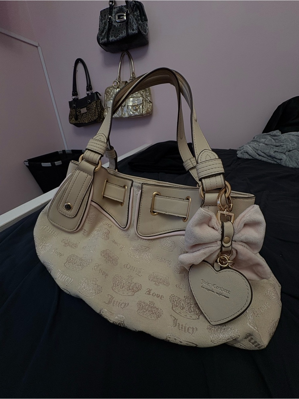 Juicy Couture Cream Shoulder Bag with Bow & Heart Charm